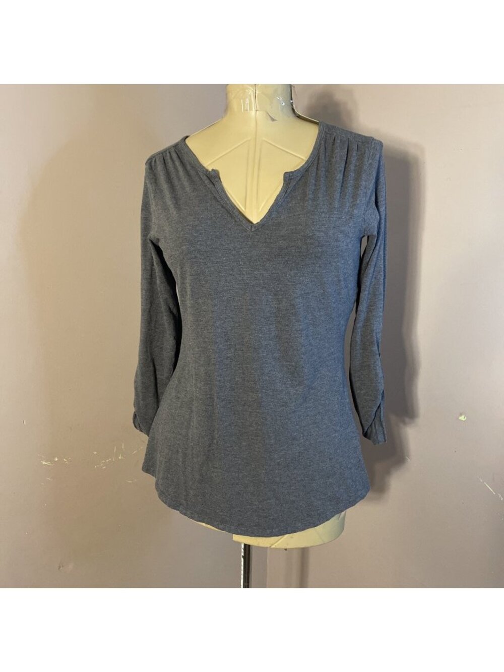 Toad & Co/Horny Toad Roll Tab Sleeve V Neck Gray Organic Cotton Pleated Back Sm